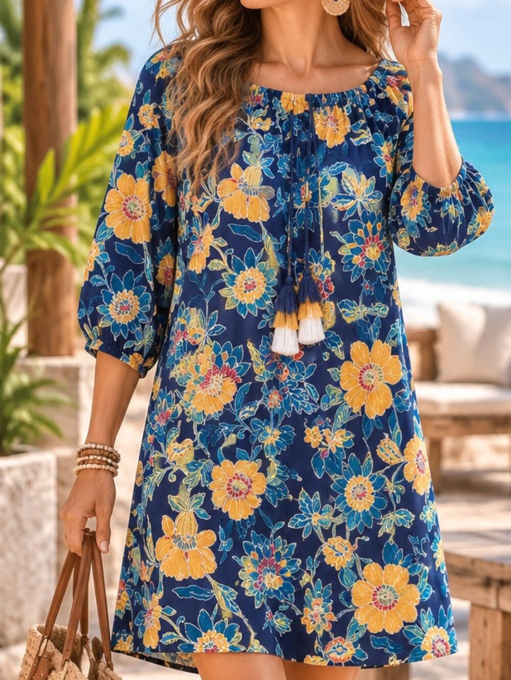 Ann Taylor LOFT Beach Navy Floral Cutie Tassel Tie Boho Shift Dress